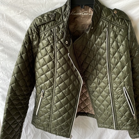 Kenneth Cole quilted bomber biker jacket olive green medium - Picture 2 of 5